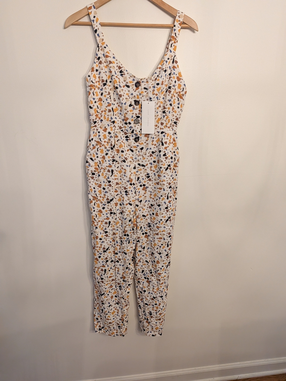 Lush White Jumpsuit with Mustard & Navy Confetti Print